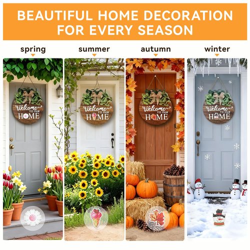 Pinkpum Double Sides Interchangeable Welcome Sign Front Door Decor with 20 Seasonal Icons 2 in 1 Round Wood Wreaths Gifts House Outdoor Indoor Home Decorations All Seasons