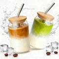 Lyghei 2 Packs Ribbed Glass Tumbler with Lid and Straw 16 oz Vintage Ice Coffee Cup Set Bulk Simple Smoothie Juice Matcha Tea Water Slushie Clear Hot Drink Glasses Travel Mug Modern Kitchen Glassware