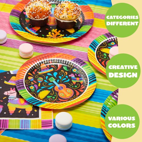 JOYIN 82PCS Fiesta Tableware Set, Mexican Party Supplies Packs for Cinco De Mayo Table Decorations, Fiest Themed Dessert Plates Fiesta Party Napkins Forks, Carnivals Event, Dia De Muertos Festivals