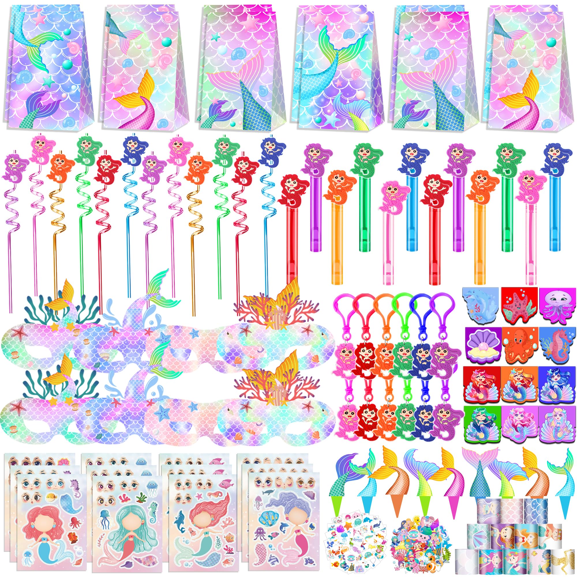 Rinfoeti 320PCS Mermaid Party Favors Birthday Decorations Supplies Kit with Goodie Bags, Bubble Wands, Straws, Masks, Stickers & More for 12 Guests