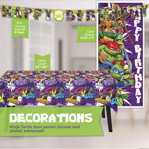 Teenage Mutant Ninja Turtle Birthday Decorations for Party | Serves 16 Guests | Banner, Tablecloth, Plates, Napkins, Door Poster Backdrop | Officially Licensed