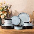 LeRatio Ceramic Dinnerware Sets for 4,Round Reactive Glaze Ceramic Plates and Bowls Set | Dishwasher & Microwave Safe Dishes Set,Service for 4 (12pc)-Gray White
