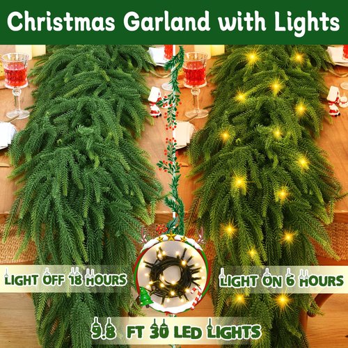 6 FT Christmas Garland Real Touch Norfolk Pine Garland Realistic, Christmas Faux Cedar Garland with Lights for Mantle Table Front Door Indoor Outdoor Holiday Christmas Decor