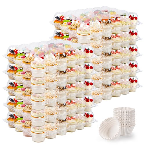 LOKQING 24 Count Cupcake Containers 10 Pack Cupcake Holders Plastic Clear Disposable Cupcake Containers with Detachable Tall Dome Lids and 360 Liners for 240 Cupcakes, BPA Free, Standard Size