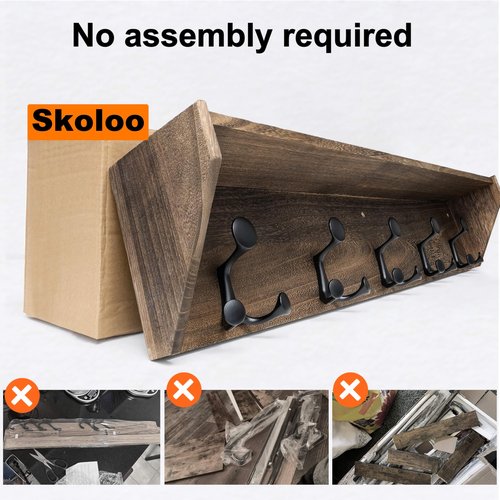 SKOLOO Wall Shelf with Hooks, 35-Inch Weathered Brown Wall Mounted Coat Rack with Shelf Organizer - Lightweight & Sturdy, 5 Tri Hooks - Perfect for Entryway, Hallway, Living Room, Bedroom, Mudroom