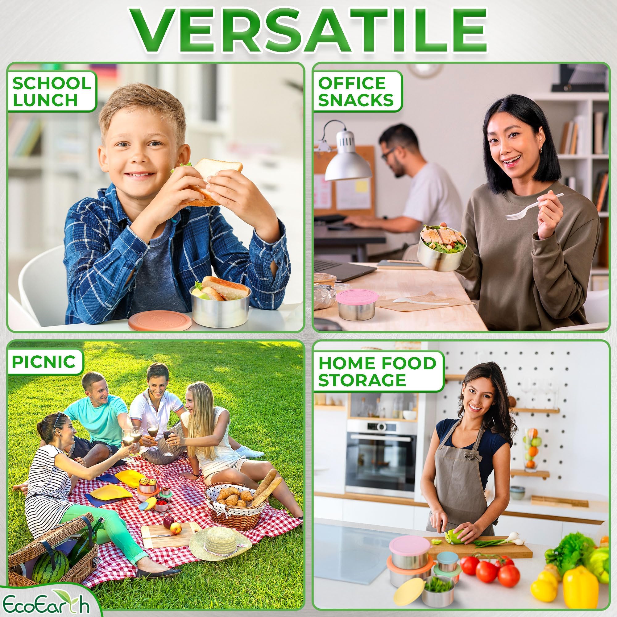 EcoEarth - Stainless Steel Food Storage Containers with Silicone Lids - Stackable Set of 5, Round Nesting Sizes - Meal Prep & Snack Lunch Box Supplies - Plastic Free, Airtight & Leakproof for Travel