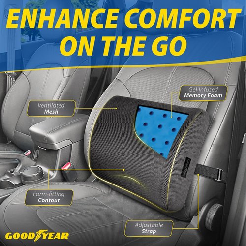 Goodyear Lumbar Support Car Seat Cushion with Cooling Gel – Accessories for Driving – Memory Foam Car Seat Lumbar Support Pillows, Office Chairs Cushion, Ergonomic Back Support, Desk Accessories