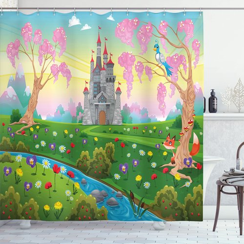 Ambesonne Cartoon Shower Curtain, Tale Castle Scenery in Floral Garden Girls Fantasy Picture, Cloth Fabric Bathroom Decor Set with Hooks, 69" W x 70" L, Pink Blue