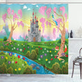 Ambesonne Cartoon Shower Curtain, Tale Castle Scenery in Floral Garden Girls Fantasy Picture, Cloth Fabric Bathroom Decor Set with Hooks, 69" W x 70" L, Pink Blue