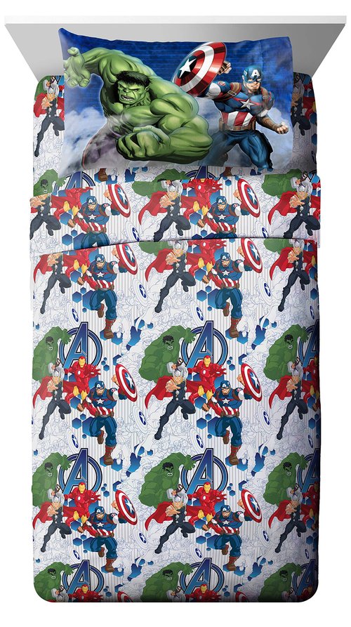 Jay Franco Kids Sheet Cartoon Set with Fitted, Flat Sheets & Pillow Cover - Ultra-Soft Bedding with Pillowcase for Room Decor, Blue - Avengers, 3 Piece Twin