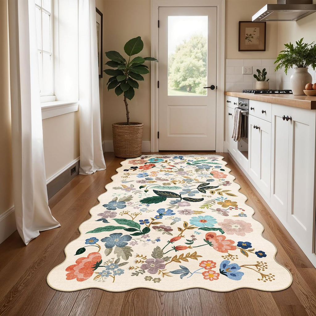 Skiennix Washable 4x8 Wide Runner Rug - Non-Slip Scalloped Floral Design | Soft, Stain-Resistant Carpet for Hallway, Kitchen, and Bathroom (Cream)