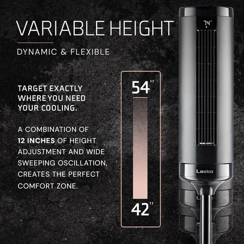 Lasko Adjustable Tower Fan - 42”-54” Height, 31 ft/s Airflow, Quiet 28 dB, 90° Oscillation, Remote Control - Black