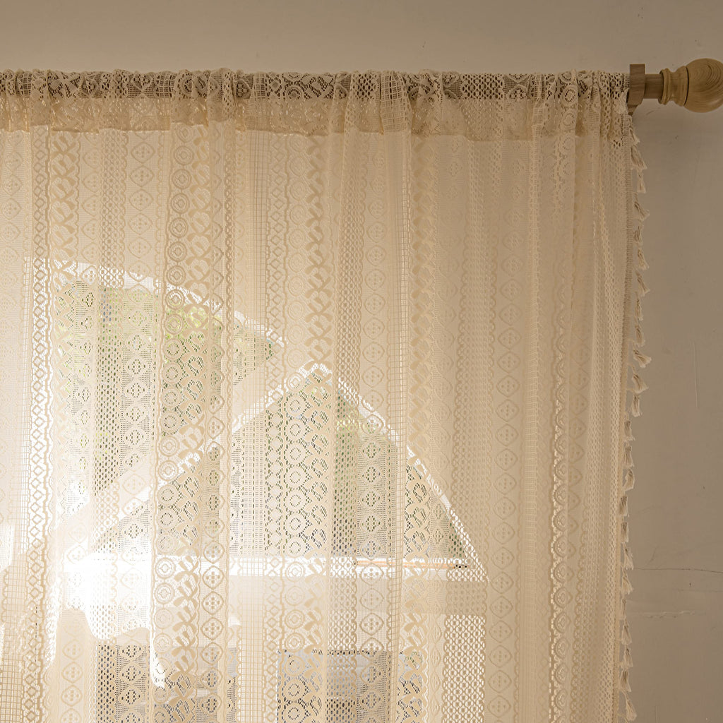 Sutuo Home Boho Curtains 84 Inches Length for Bedroom, Window Treatments Bohemian Sheer Crochet Lace Vintage Drapes Pair, Beige Geometry Knitted with Handmade Tassels Rod Pocket, 52" x 84"，2 Panels