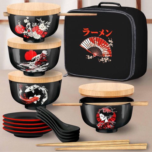 Japanese Ramen Bowl Set of 4-20 Pcs, 32 Oz Ceramic Microwaveable & Dishwasher Safe Large Noodle Bowls with Lid & Built-In Chopstick Holder, Pho, Udon, Thai, Korean, Rice - 6.5 Inch