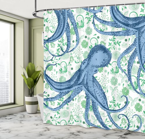 Ambesonne Nautical Shower Curtain, Sealife Sea Monster Octopus Kraken with Tentacles and Colorful Flowers, Cloth Fabric Bathroom Decor Set with Hooks, 69" W x 75" L, Mint Green