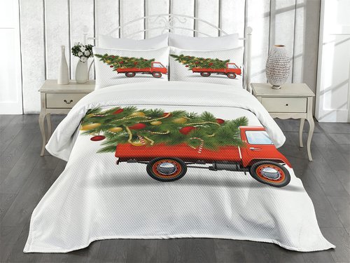 Ambesonne Christmas Bedspread, Red Retro Style Farm Truck and Big Xmas Tree Tinsel Balls Candy Design, Decorative Quilted 3 Piece Coverlet Set with 2 Pillow Shams, Queen Size, Green White