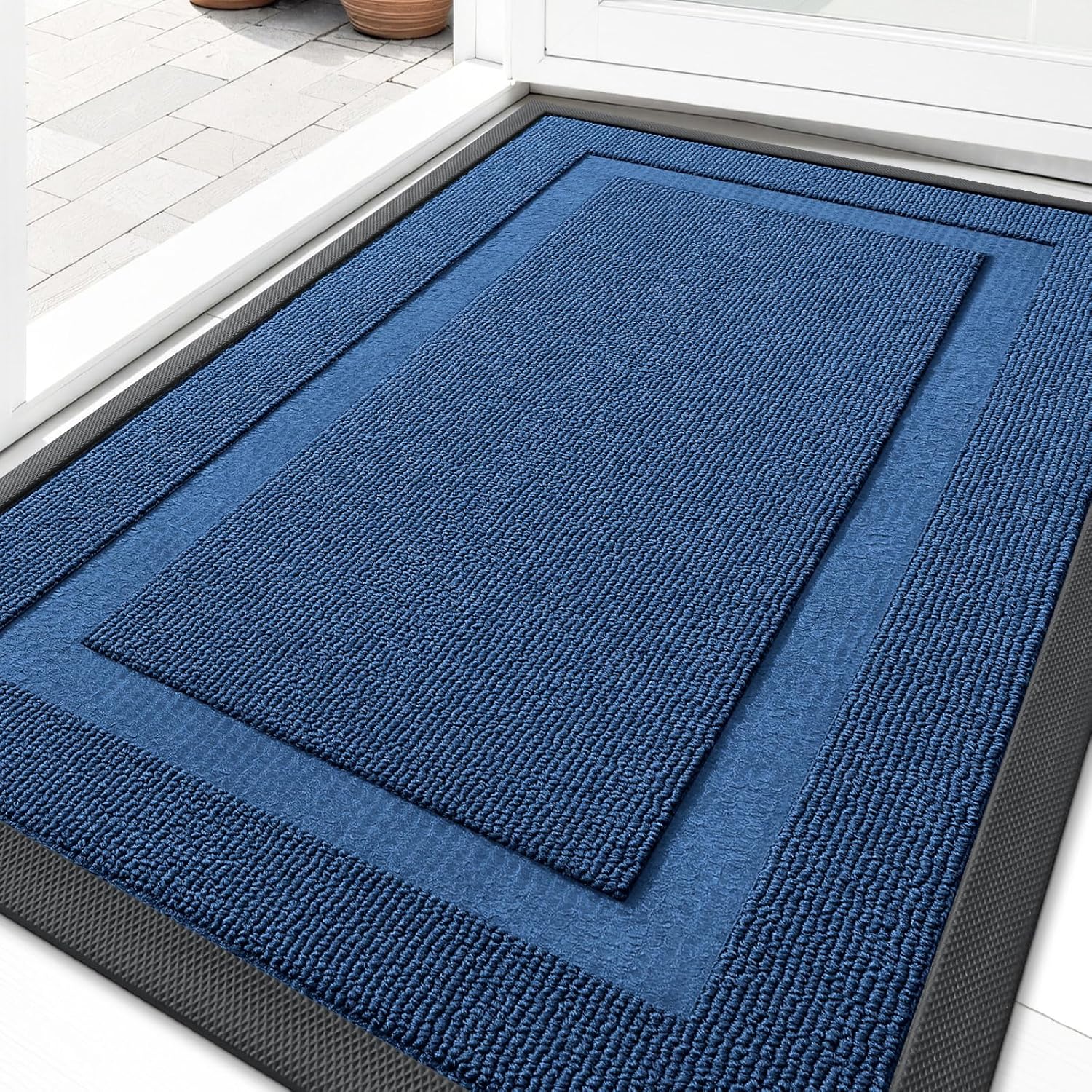 OLANLY Waterproof All-Season Front Door Mat - Sturdy Natural Rubber, Low Profile, Easy Clean | 29.5x17, Navy Blue