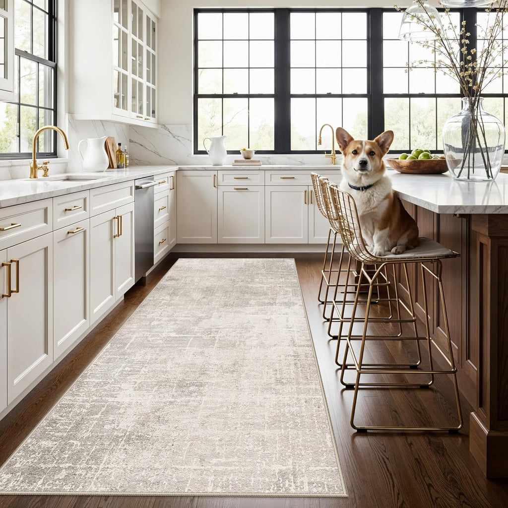 Skiennix Washable 4x8 Hallway Area Rug - Abstract Water-Resistant Soft Runner Mat | Non-Slip Beige/Cream