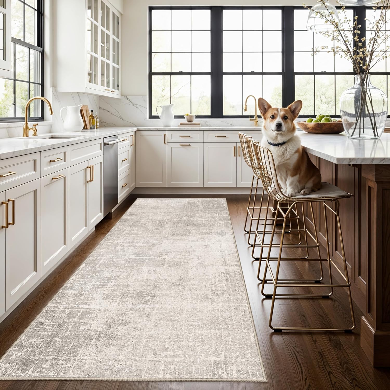 Skiennix Washable 4x8 Hallway Area Rug - Abstract Water-Resistant Soft Runner Mat | Non-Slip Beige/Cream