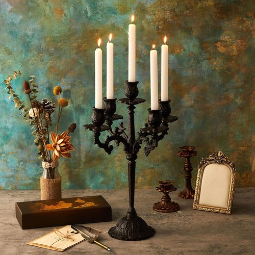 Mumufy 5-Arm Black Candelabra - Vintage Gothic Cast Iron Candlestick Holders | 16.7" Tall Decorative Centerpieces for Events