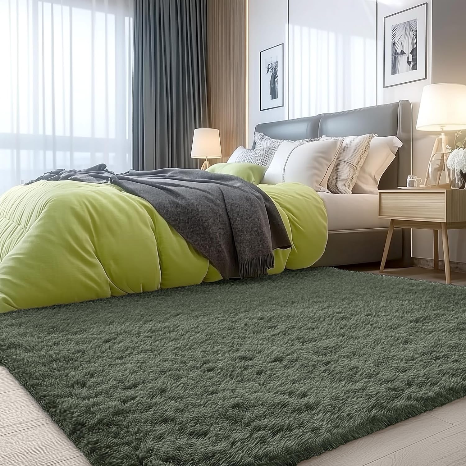 OLANLY Soft Fluffy Shaggy Bedside Rug - Machine Washable 3x5 for Kids & Nursery | Olive Green Home Decor
