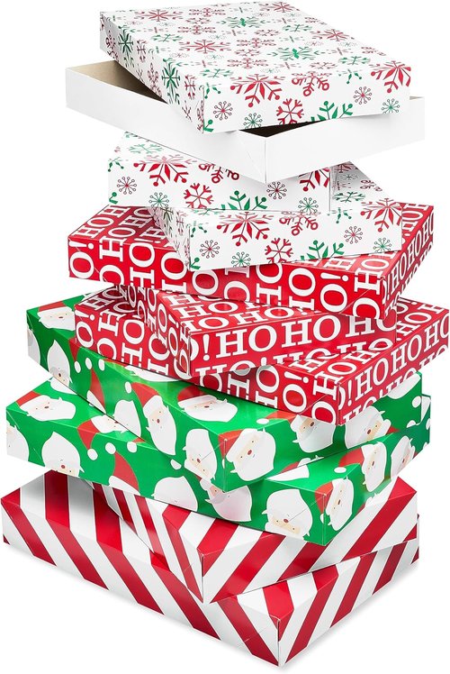 American Greetings Christmas Gift Boxes - Festive Designs with Lids, Assorted Sizes (6 Medium & 4 Large)