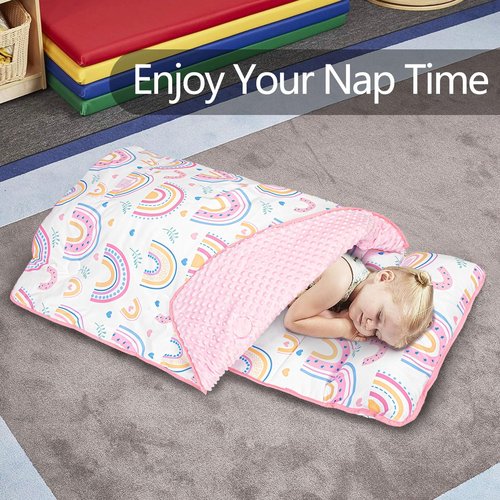 Primlect Toddler Nap Mat Extra Large Thickened 55''x35'', Soft Sleeping Bag with Detachable Minky Blanket and Pillow, Portable for Daycare, Preschool, Kindergarten, Travel, Boys and Girl (Rainbow)