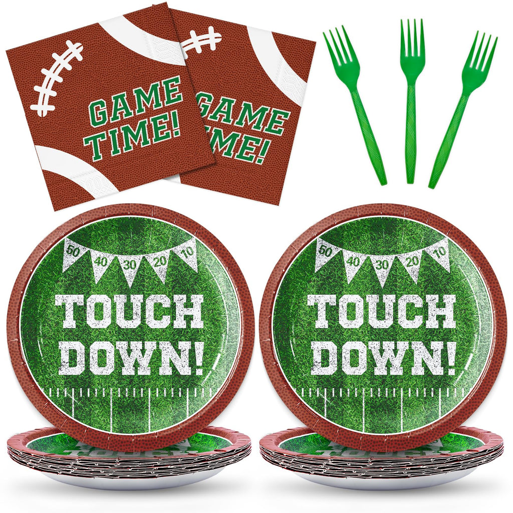 YY 10" Football Party Paper Plates Set Disposable Dinner Plates Serve 20 with 13" Napkins, Forks