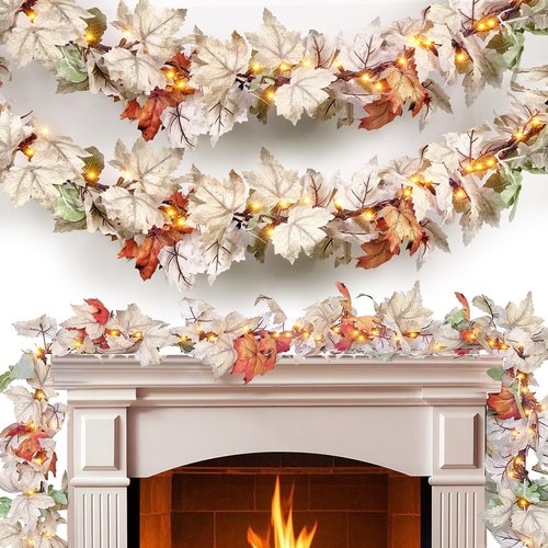 Thanksgiving Garland with Lights 9FT Plug in Thanksgiving Decorations for Home with 50 Warm Incandescent Bulbs UL Certified Connectable Lighted Fall Garland for Indoor Outdoor Harvest Decorations
