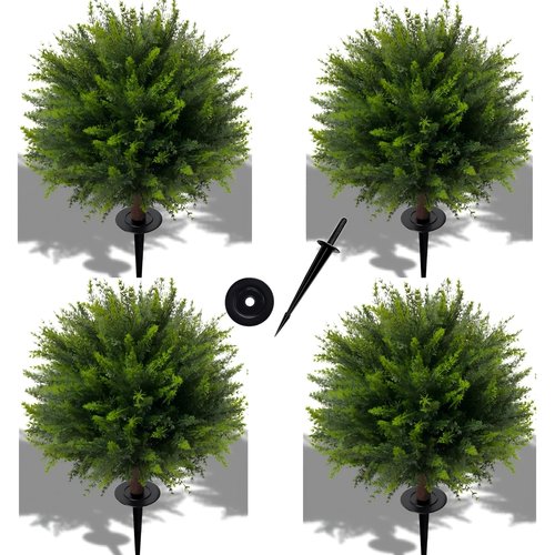 NSOPB 24.5 Inch (H) Artificial Cedar Topiary Ball Trees, Set of 4 Fake Shrub Bushes with Ground Spike, UV Resistant Faux Cypress Greenery Decor for Outdoor Garden, Patio, Front Porch, and Indoor Use