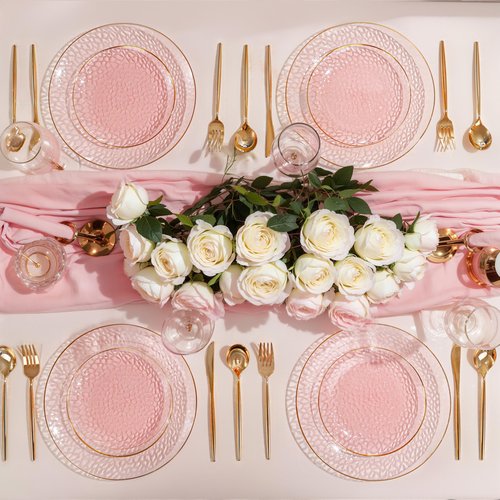 SUT 36Pcs Pink Plastic Plates, Hammered Plates Disposable Heavy Duty, Pink Disposable Plates With Gold Rim, Fancy Plastic plates Include 18 Dinner and 18 Dessert plates for Valentine's Day