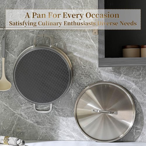 DELARLO Tri-Ply Stainless Steel Braiser Pan with Lid 5 Quart Nonstick Induction Rondeau Cooking Pot 12inch Deep Frying Pan Large Saute Pan Heavy Duty,Dishwasher and Oven Safe to 550℉