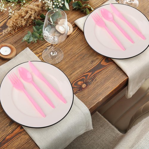 Kochorie 90 Pieces Pink Plastic Cutlery Set Disposable Plastic Utensils Heavy Duty Flatware Set Includes 30 Knives 30 Forks 30 Spoons for Party Wedding Birthday
