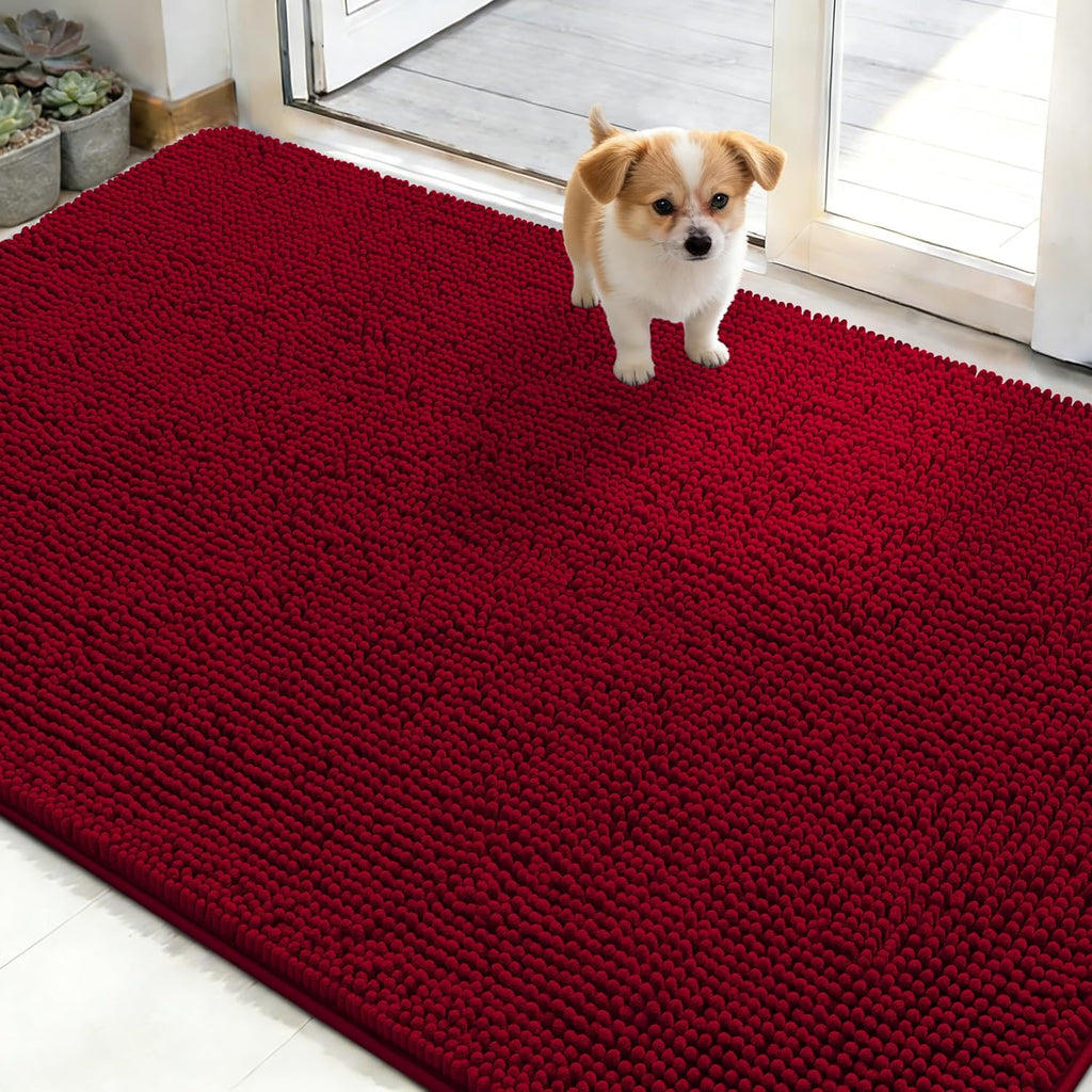 OLANLY Dog Door Mat - Absorbent Non-Slip Chenille Mat for Muddy Paws | 48x30 Red, Quick Dry & Washable