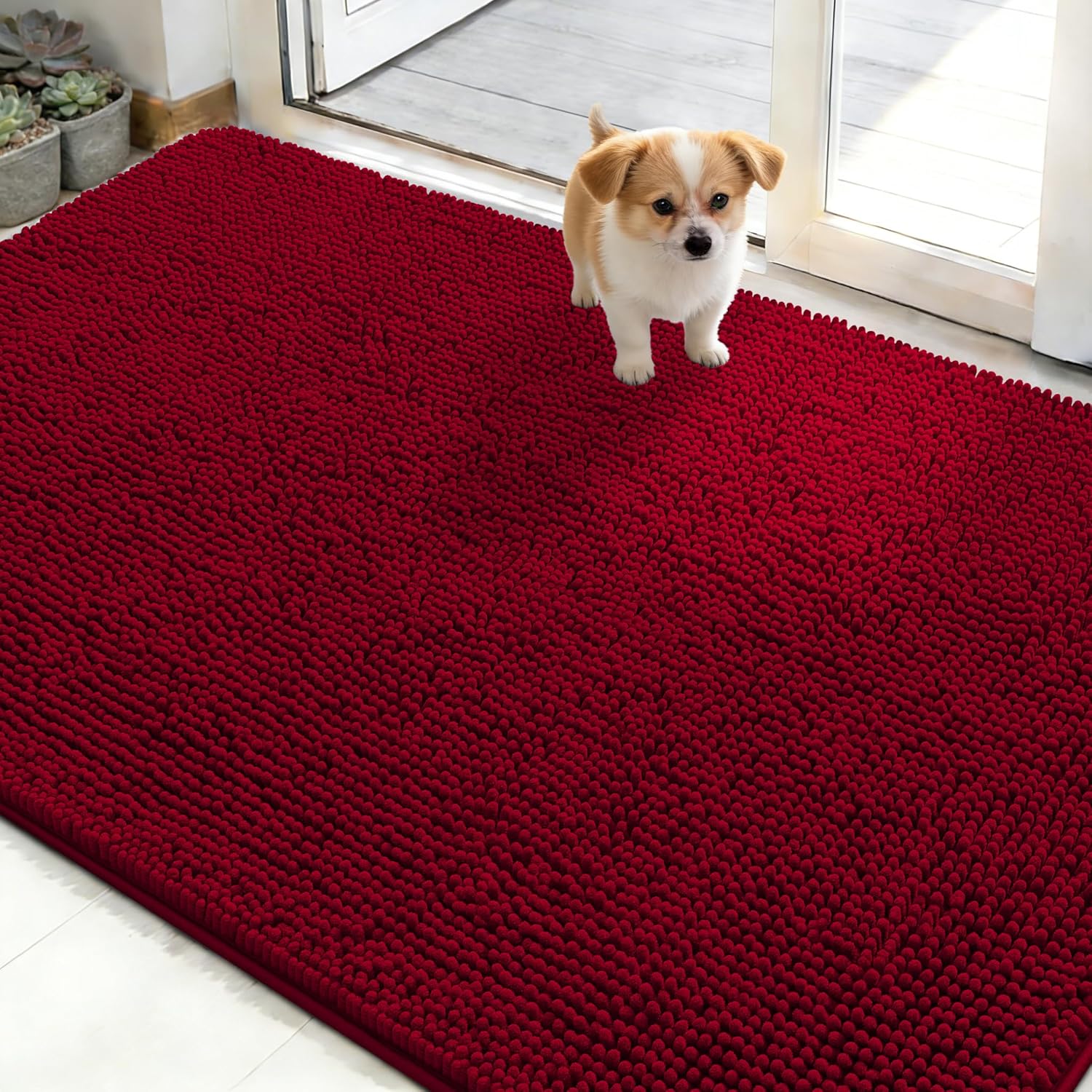 OLANLY Dog Door Mat - Absorbent Non-Slip Chenille Mat for Muddy Paws | 48x30 Red, Quick Dry & Washable