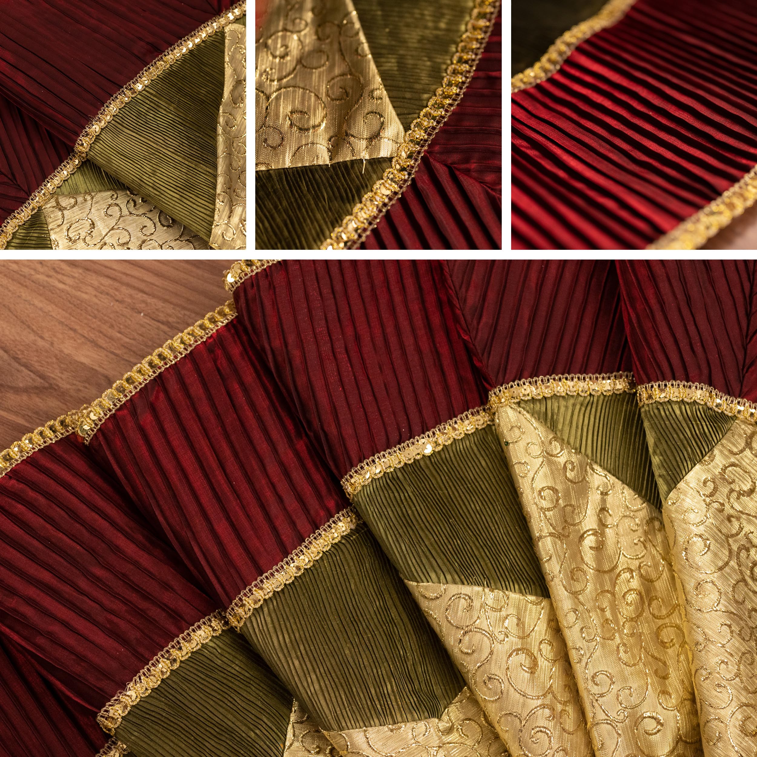 Valery Madelyn Christmas Tree Skirt for Tree Decorations, 48 Inch Traditional Red Green Gold Large Xmas Velvet Tree Skirt with Embroidery Patchwork & Tassels for Tree Merry Christmas Party Decor