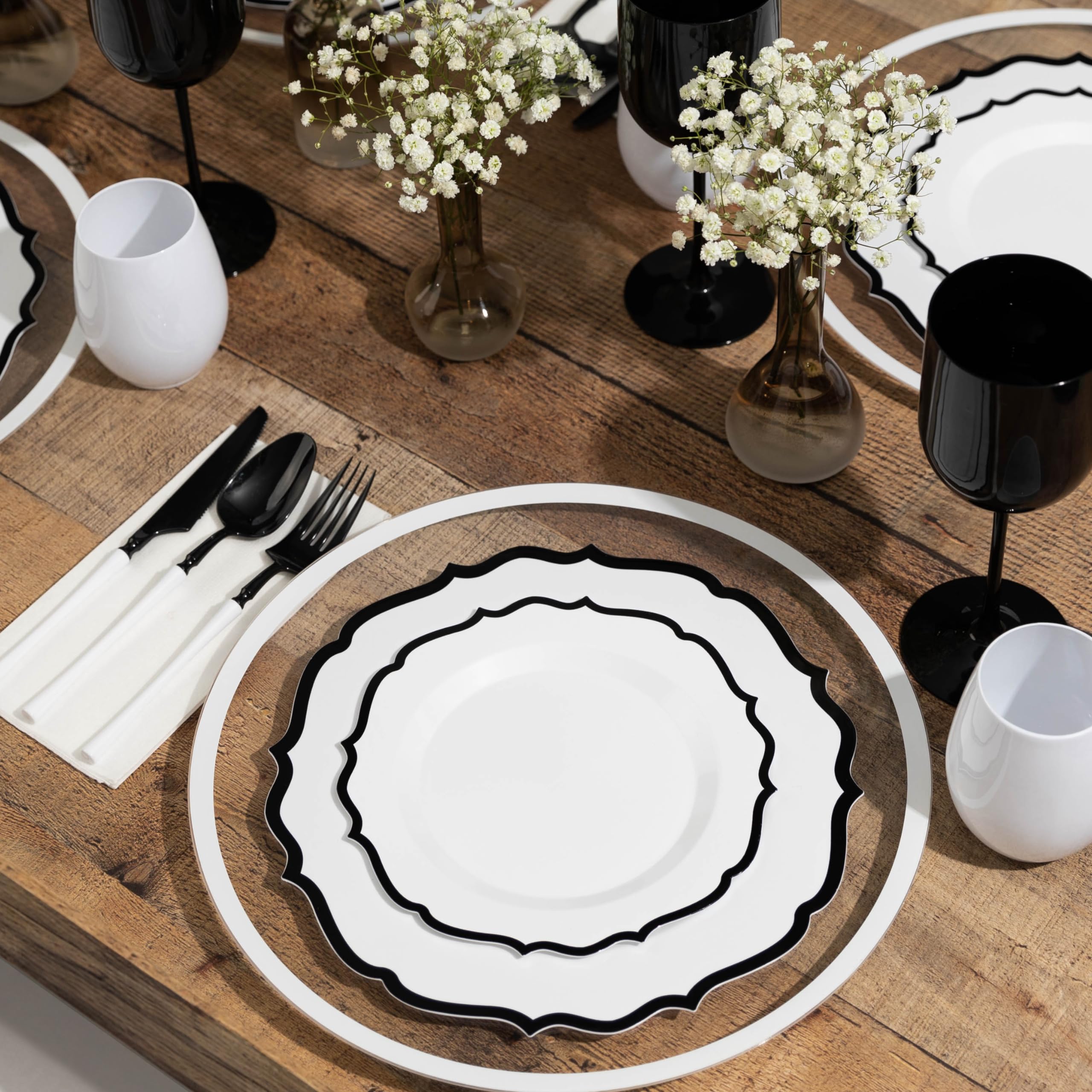 PLASTICPRO 128 Pack Elegant Disposable Plastic Plates Combo Set Bulk Pack Includes 64 Dinner Plates and 64 Salad Plates Heavy Duty Fancy Party Plates White with Black Contemporary Design