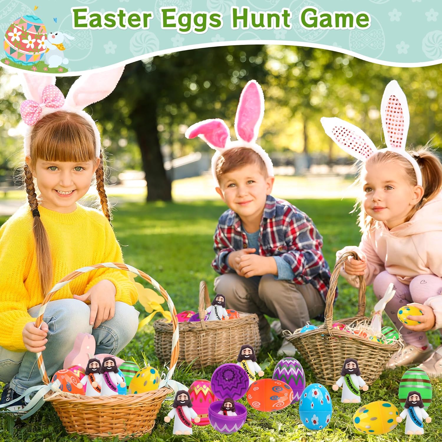 Regine Switzerland Easter Basket Stuffers - 60 PCS Colorful Eggs & Religious Jesus Figurines for Kids