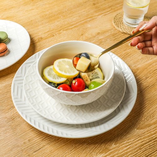 Sureasy 12-Piece Ceramic Dinnerware Set for 4 - Embossed Plates and Bowls Sets, Scratch Resistant Dish Set, Microwave, Oven & Dishwasher Safe, White
