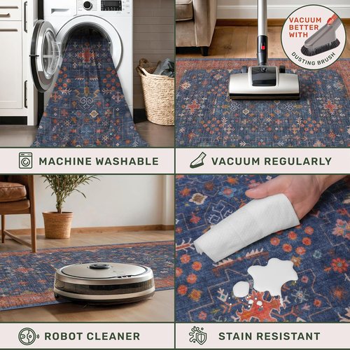 Hazo Haus Dark Blue & Terracotta Area Rug - Machine Washable 5x8 Non-Slip Low Pile for Living Room, Bedroom & Kitchen