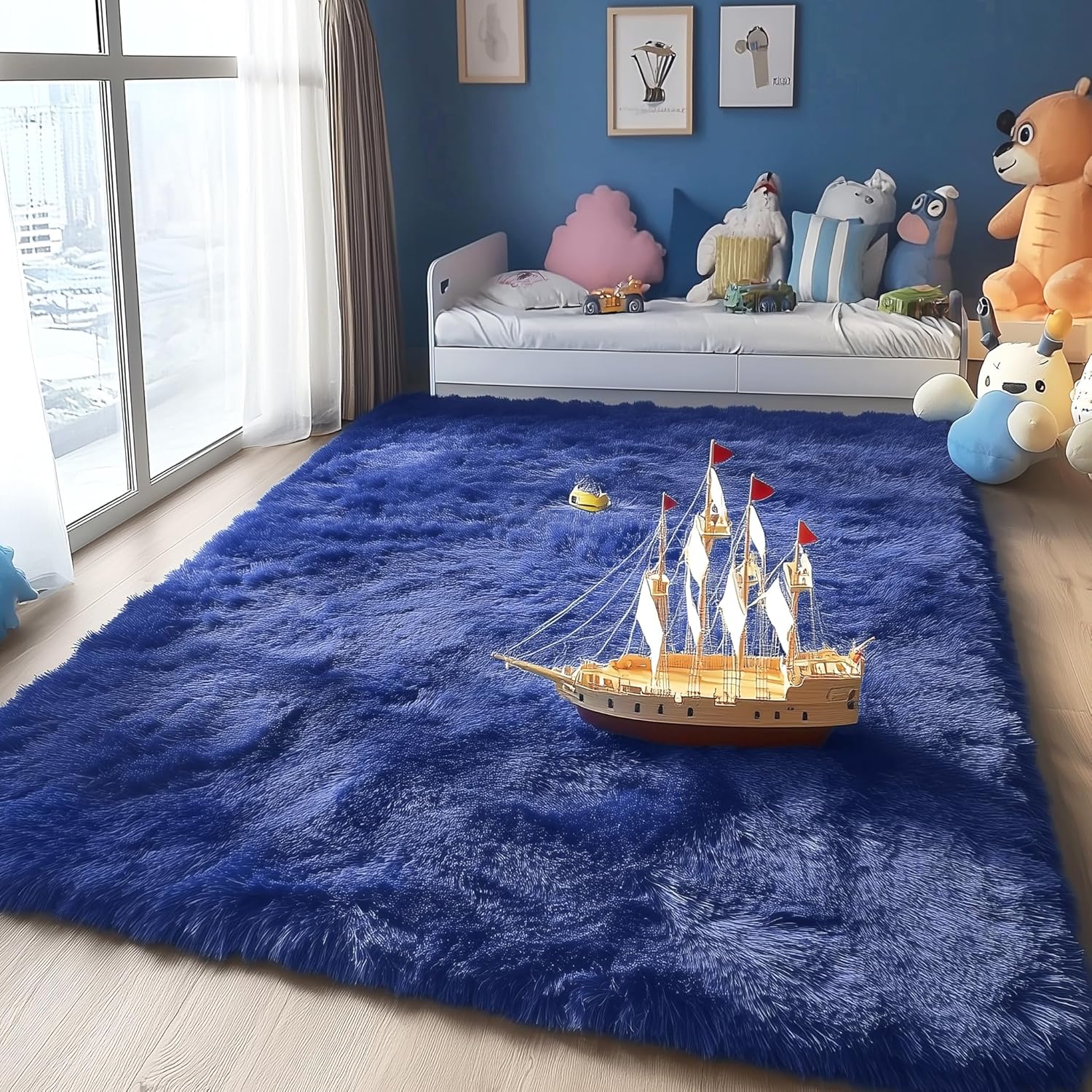 OLANLY Large 5x7 Machine Washable Area Rug - Soft Fluffy Shaggy Carpet for Living Room & Bedroom | Navy Blue