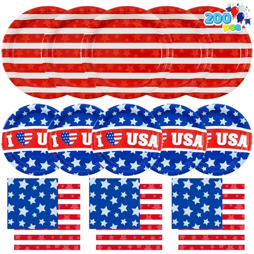 JOYIN 200 Pcs July 4th Plates & Napkins Patriotic Party Supplies, American Flag Patriotic Paper Plates Napkins, 4th of July Memorial Independence Day Party Tableware Decoration Supply, Serve 50