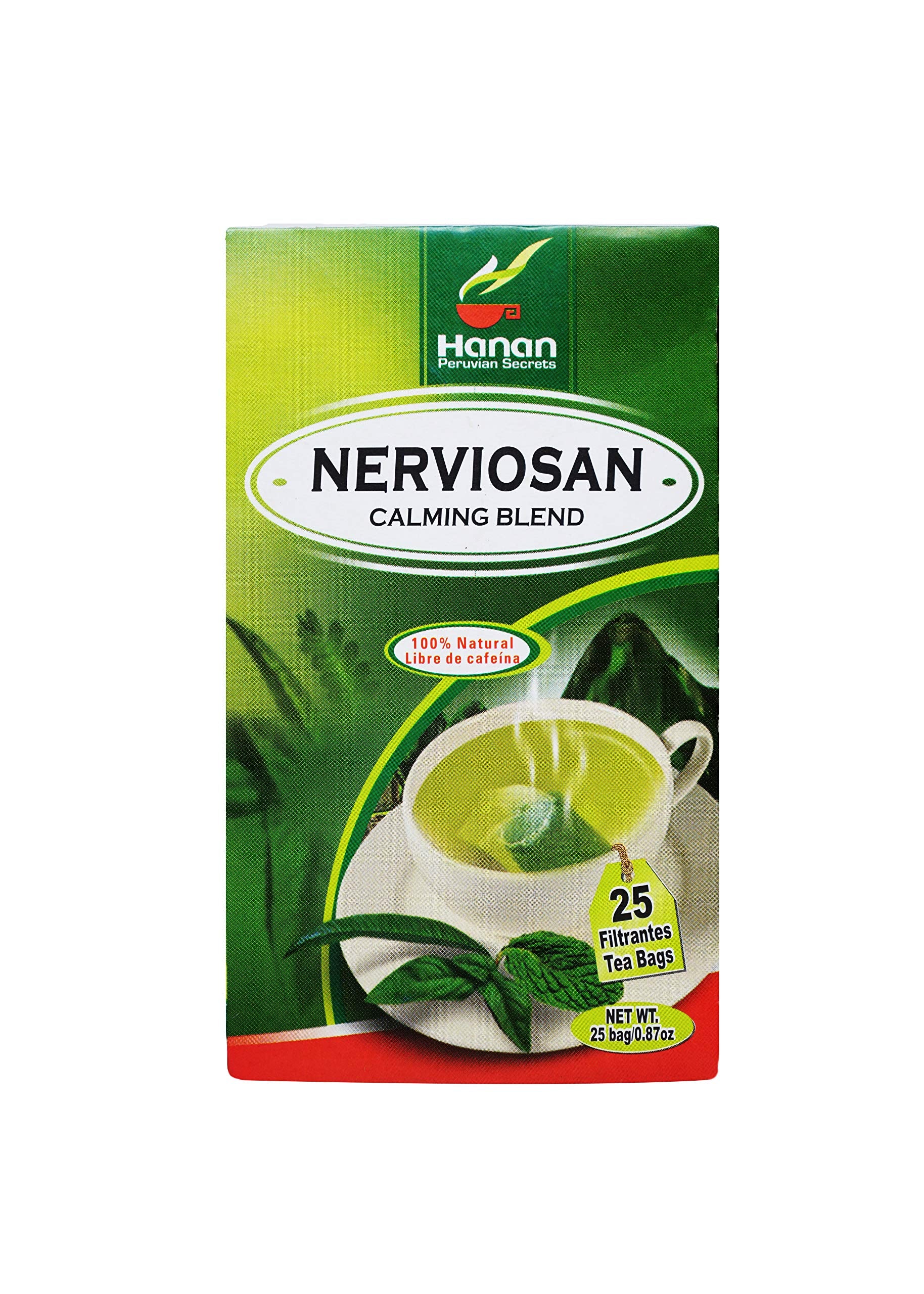 Hanan Peruvian Secrets Nerviosan Herbal Tea | 100% Natural Calming Blend | 25 Tea Bags | Naturally Aids in Relieving Occasional Stress and Tension | Safely Promotes Relaxation