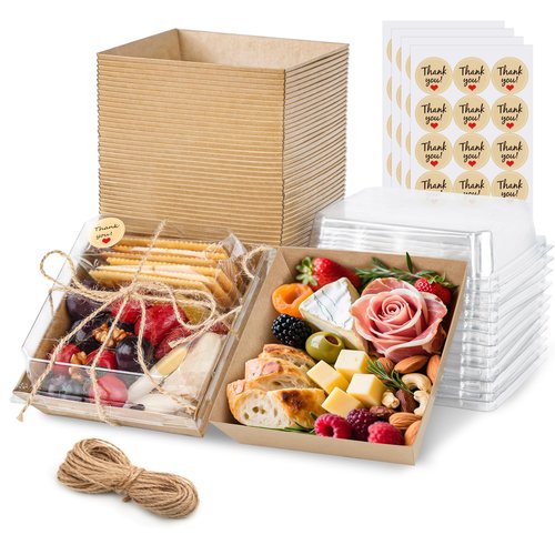 LOKQING 50 Pack Charcuterie Boxes with Clear Lids 5.3x4.9x2.5 Inch Paper Mini Charcuterie Box Takeout Containers for Cookie Cake Slice Sandwich Strawberries(Brown)