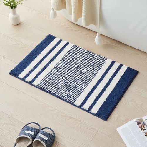 CozeCube Bath mats for Bathroom Non Slip, Fluffy Absorbent Microfiber Bath mat Washable, Aesthetic Bathroom Rugs, Small Navy Blue Striped Bath mat, Navy Blue, 24" x 16"