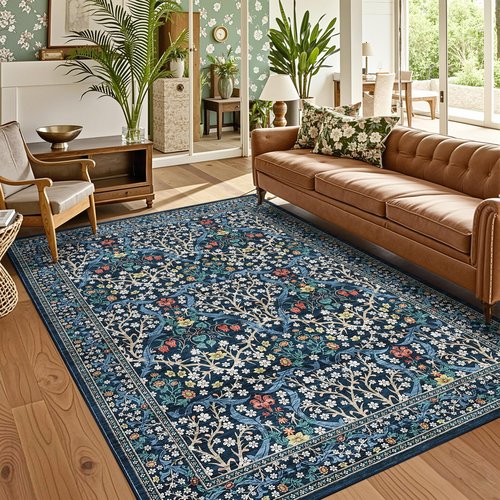 GarveeHome 8x10 Area Rugs, Washable Rugs for Living Room Non Slip Stain Resistant Ultra Soft Floral Rug, Boho Carpet Floor Mat for Bedroom Dining Room Nursery Playroom Office, Dark Blue