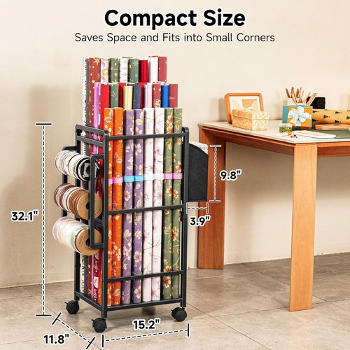 Aquzee Gift Wrapping Paper Organizer - Vertical Storage Cart with 9 Adjustable Rods & 12 PCS Slap Bands | Black