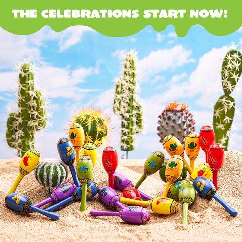 JOYIN 24 Mini Wooden Fiesta Maracas 6 Designs Noisemaker for Mexican Fiesta, Cinco De Mayo Party Favors, Musical Fun, Birthday Parties, Luau Party, Carnivals, Taco Tuesday Event