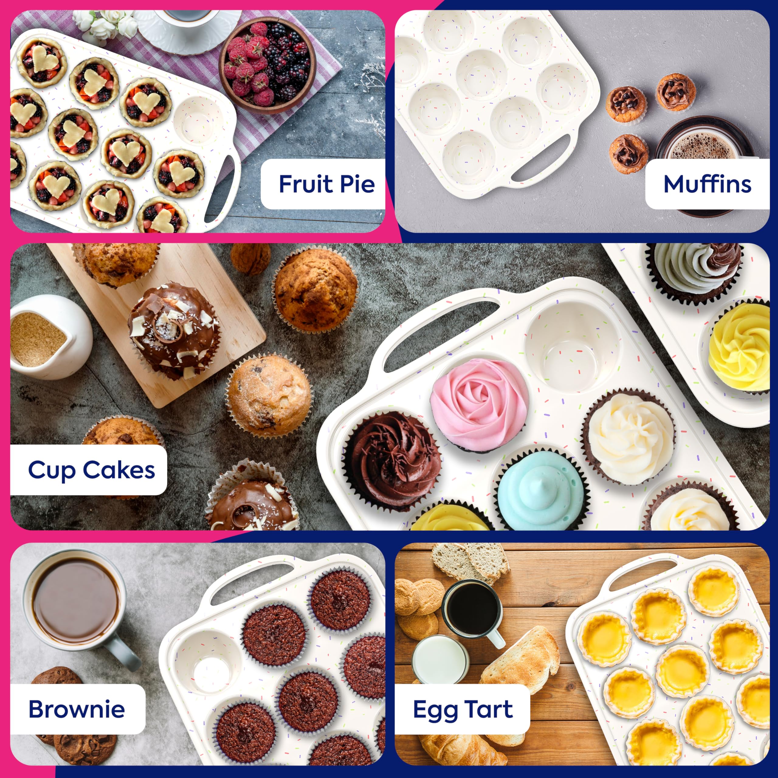 RICCLE Silicone Muffin Pans for Baking with Metal Reinforced Frame, 12-Cup Cupcake Pan, 2 Pcs Muffin Trays for Cupcake Baking, Tray Molds, Oven & Dishwasher Safe, BPA-Free (2 x Regular)