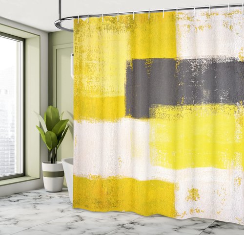 Ambesonne Grey and Yellow Shower Curtain, Abstract Grunge Style Brushstrokes Painting Style, Fabric Bathroom Decor Set with Hooks, 105" Extra Wide, White Charcoal Grey and Pale Yellow
